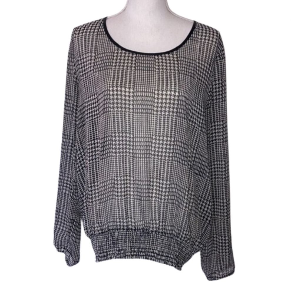 B.young houndstooth black and white womens blouse
